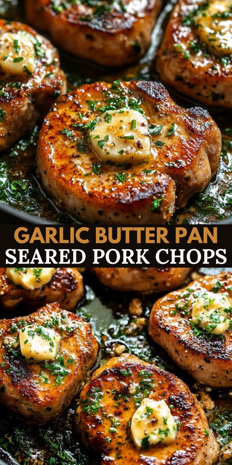 Garlic Butter Pan-Seared Pork Chops are a quick, flavorful dinner option that combines a crispy, golden crust with a juicy, tender interior.  The richness of garlic butter elevates the natural flavor of the pork, and the dish is ready in under 30 minutes. Perfect for a weeknight meal, it’s easy to prepare with just a few simple ingredients and one pan. Best Ever Pork Chops Recipe, Pork Chops In A Skillet, Garlic Butter Pork Chops Skillet, Sunday Dinner Pork Chops, Pork Chop Recipes Frying Pan, Searing Pork Chops, Seared Bone In Pork Chops, Seared Pork Chops Then Bake, Pork Chop Recipes On Stove Top