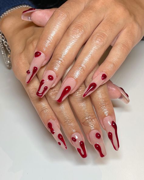 3D blood for @dolceandsabrina_ 🩸🖤 pls also notice the mix of stiletto and coffin shape for the perfect fangs! ⚰️ This is a Gel x set… | Instagram Gel X Set, Blood Nails, Euphoria Makeup, Coffin Shape, 5 Hours, Coffin Nails, Makeup Nails, Gel Nails, Manicure