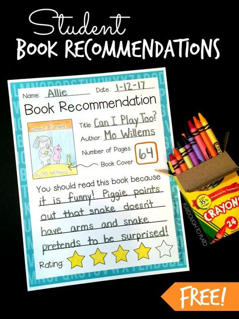 Student Book Recommendation Sheets! What a great way to get kids talking about books they read. Perfect for first grade or second grade! Student Book Recommendations, First Grade Books, Playdough To Plato, Author Study, Map Crafts, First Grade Writing, Classroom Transformation, Book Recommendation, Library Activities