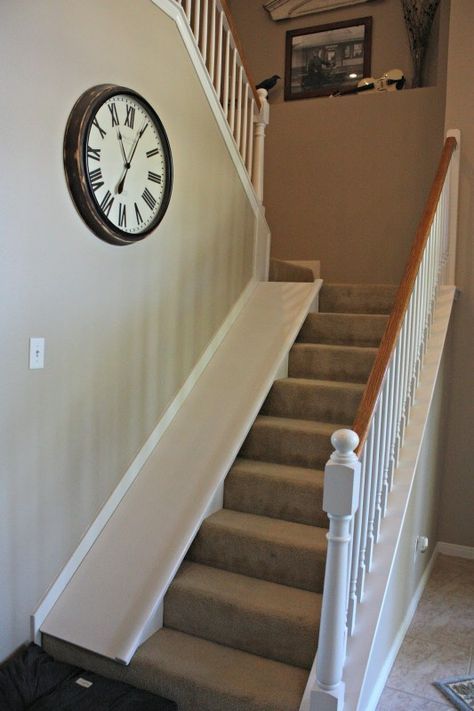 DIY indoor stair slide, with a super easy tutorial, plus the slide is easy to remove if needed for moving furniture up the stairs, etc. DecorAllure on Remodelaholic.com Diy Stair Slide, Dog Ramp For Stairs, Stair Slide, Indoor Playhouse, Indoor Slides, Build A Playhouse, Dog Stairs, Dog Ramp, Stair Case