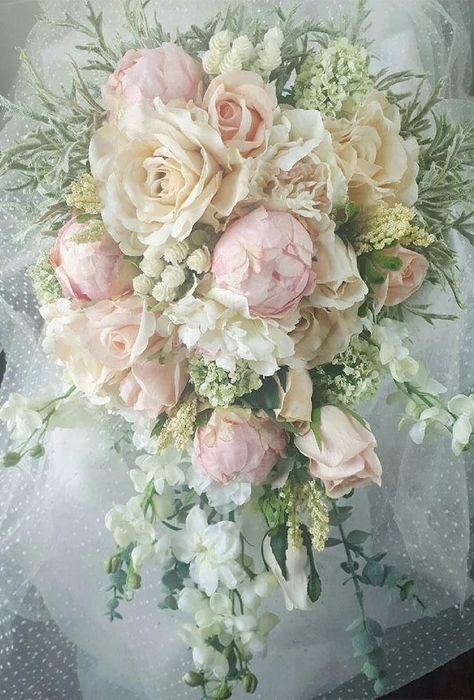 Cascading Wedding Bouquets Peonies, Peony Cascade Bouquet, Big Wedding Bouquet Brides, Wedding Pink Bouquets, Neutral Wedding Bouquet Champagne, White And Pink Bridal Bouquet, Wedding Bouquets Cascade, Bridal Bouquets Summer, Cascade Bouquet Wedding