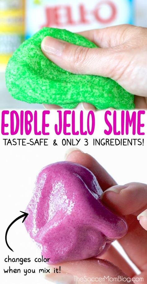 The original and BEST edible Jello slime recipe! Only 3 ingredients and it changes color when you mix it! Our very first edible slime recipe, and still one of the most popular! Cheap Slime Recipe, Edible Jello Slime, Edible Pudding Slime Recipe, Eatable Slime Recipe Easy, Non Messy Slime, Taste Art Preschool, Messy Snacks For Kids, Edible Pudding Slime, Fun Edible Crafts For Kids