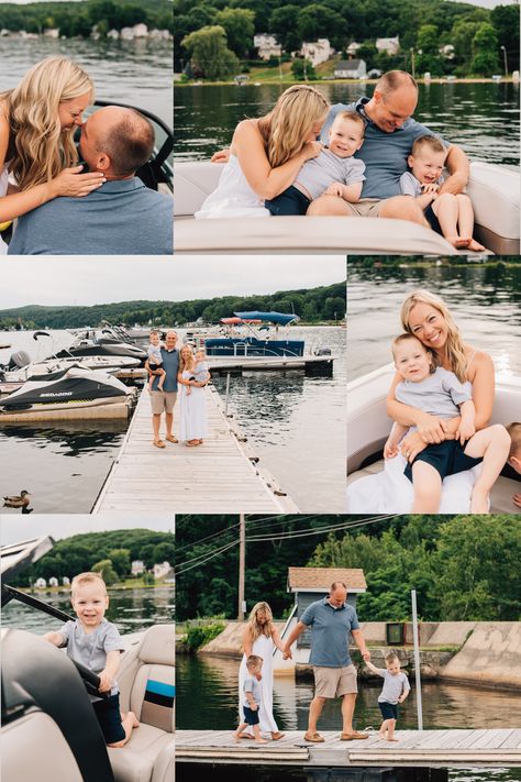 This pin is a photo collage of a summer family photo shoot on a boat on a lake. The family is wearing white and navy. Lake House Family Photoshoot, Lake House Family Photos, Family Pictures On A Boat, Boat Family Pictures, Family Photos On Boat, Family Boat Pictures, Family Lake Pictures, Family Lake Photo Shoot, Lake Family Photoshoot