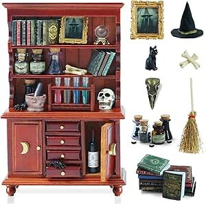 BEIREG Dollhouse Miniatures 1/12 Scale Accessories, Wooden Bookshelf Furniture Set - Magic Bottle&Potion, Witch Frame and Hat, Mini Bookcase, Haunted Dollhouse Halloween Decorations for Kids Gifts Bookshelf Furniture, Mini Bookcase, Potion Witch, Dollhouse Bookshelf, Dollhouse Halloween, Christmas Tree Hat, Wooden Bookshelf, Halloween Decorations For Kids, Witch Cottage