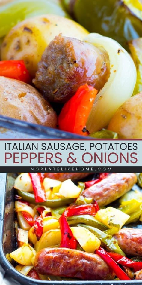 A family friendly meal that is EASY to make in just one pan in the oven with little prep! Your kids will love this delicious hearty dinner. It's a complete meal with Italian sausage, bell peppers, onions, potatoes, EVOO and seasonings and full of flavor! It's an easy recipe and gluten free. Add this to your meal rotation and meal plan. Click the link to get this delicious recipe! Dinner Italian Sausage, Sausage Peppers Onions And Potatoes, Peppers Onions And Potatoes, Potatoes Peppers And Onions, Sausage Potatoes And Peppers, Hot Italian Sausage Recipes, Italian Sausage Potatoes, Baked Italian Sausage, Peppers And Potatoes