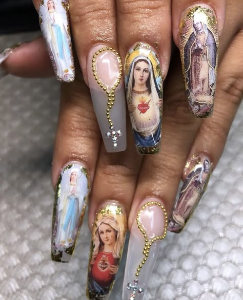 Mexican Core Aesthetic Nails, Saint Nails Designs, Santa Maria Nails, Christ Nails Art Designs, Lent Nail Designs, Mother Mary Nails, Catholic Nails Designs, Charro Nails Designs, Catholic Nail Art