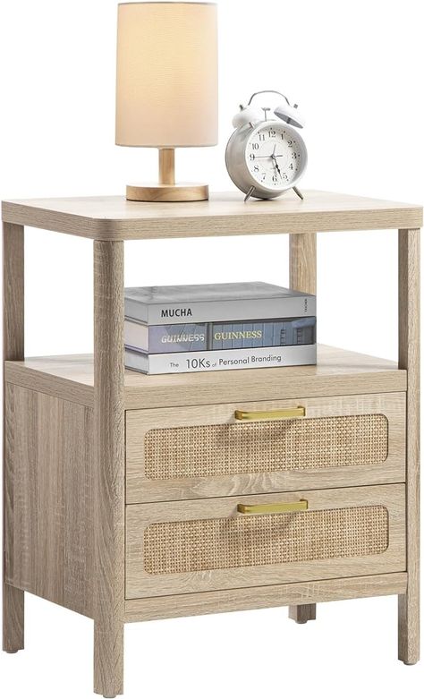 Amazon.com: SHEEPPING Rattan Nightstand with 2 Drawers - Boho Bedside Table, Farmhouse Night Stand with Open Shelf, Light Wood End Table Side Table for Bedroom, Natural, 25.5" H : Home & Kitchen Boho Night Stand, Boho Bedside Table, Rattan Drawers, Boho Nightstand, Shelf Farmhouse, Farmhouse Nightstand, Side Tables For Bedroom, Table For Bedroom, Rattan Headboard