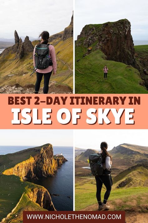 The Isle of Skye is one of the top places to visit in Scotland because it has lush green mountains, tall cliffs, waterfalls, ocean views, and fun hiking trails. Although you could spend a week exploring the Isle of Skye, you can see most must-see attractions in two days. This guide has everything you need to know about spending 2 days on the Isle of Skye! Places To Visit In Scotland, Scotland Travel Guide, Hiking Photography, Green Mountains, The Isle Of Skye, Skye Scotland, United Kingdom Travel, Adventure Guide, Scotland Highlands