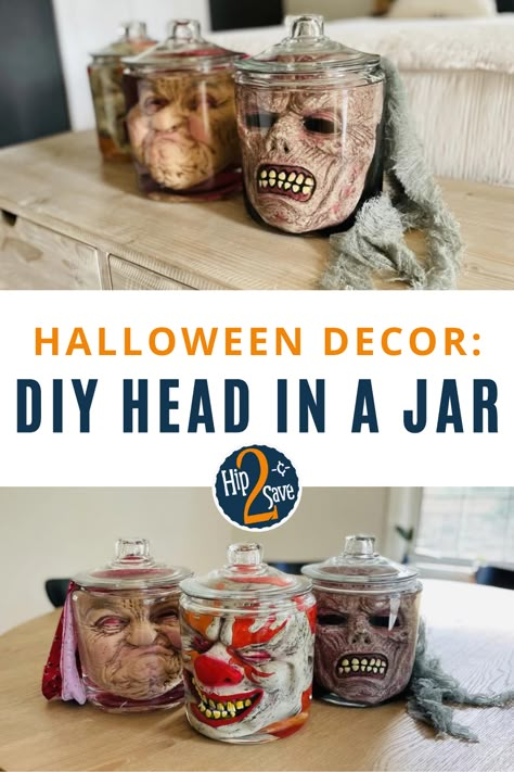 These Halloween decorations are extra creepy! Make your own DIY head in a jar as a spooky Halloween decor idea. Heads in a jar are the perfect scary Halloween craft. Head In Jar Diy, Diy Halloween Jar Decorations, Dollar Tree Scary Halloween Diy, Diy Specimen Jars Halloween Ideas, Mask In A Jar Halloween, Face In Jar Halloween, Heads In Jars Halloween, Halloween Jars Creepy, Halloween Jar Decor