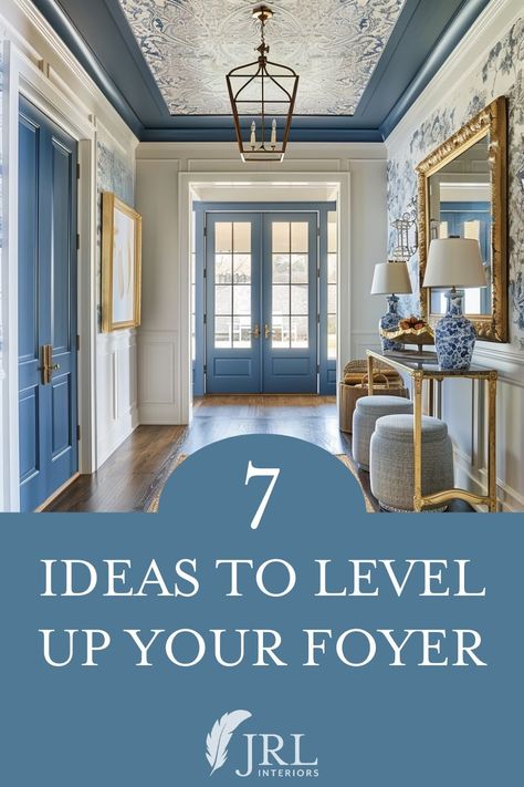 JRL Interiors — 7 Foyer updates you won't regret Small Dramatic Entryway, Family Foyer Ideas, Dark Green Foyer Entryway, Parlor Entry Room Ideas, Dark Blue Foyer Entryway, Front Entry Inspiration, Small Entrance Decor Ideas, Entryway Molding Ideas Foyers, English Manor Foyer