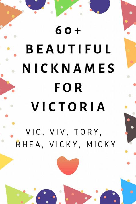 Victoria is a female name, and it is pronounced vic-tor-ee-ah. The male equivalent is Victorious or Victor.  Victoria is the Latin word for “Victory.” Roman mythology records that the goddess of Victory was called Victoria.  Regardless of the spelling variation, the nickname still sounds the same. If you have a child or family member or friend named Victoria, it is only right to seek a worthy nickname. Victoria Aesthetic Name, Nicknames For Victoria, Girl Nicknames, Victoria Name, Nicknames For Girls, The Goddess Of Victory, Funny Nicknames, Anna Victoria