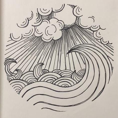 circle, ocean, sea, sky, clouds, sun Go With The Flow Illustration, Sun And Ocean Drawing, Beach Doodle Art, Sky And Sea Tattoo, Doodle Art Ocean, Beach Zentangle, Zentangle Sky, Tattoo Mar Ocean, Drawing Of Ocean