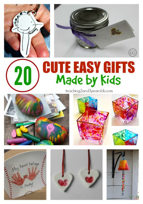 20 cute and easy gifts made by kids - some are so easy that even toddlers and preschoolers can make them! Perfect keepsakes for that someone special. From Teaching 2 and 3 Year Olds Gifts Made By Kids, Diy Christmas Gifts For Parents, Kid Made Christmas Gifts, Diy Easter Gifts, Parents Christmas, Cadeau Parents, Preschool Gifts, Christmas Gifts For Parents, Easy Christmas Gifts