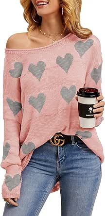 Chang Yun Women Off Shoulder Knitted Pullovers Sweater Loose Long Sleeve Hearts Printed Ripped Tops