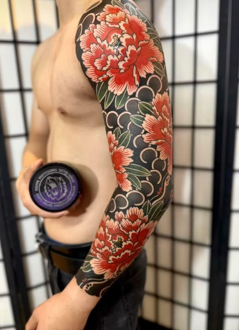 Japanese Peonies Tattoo, Japanese Flower Sleeve, Japanese Flower Tattoo Men, Japan Flower Tattoo, Peony Tattoo Arm, Peony Sleeve Tattoo, Japanese Irezumi Tattoo, Japanese Peonies, Japanese Peony Tattoo