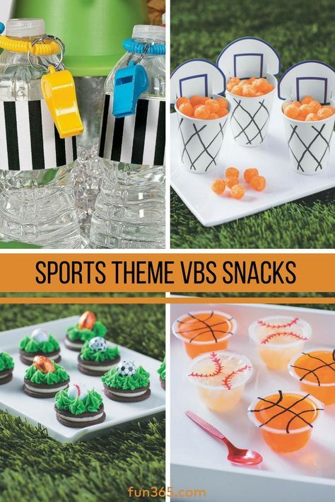 Having a sports-themed VBS? Feed your hungry VBS team with these slam-dunk snack ideas! See all five easy VBS snack ideas. Sport Theme 1st Birthday Party, Sports Themed Food Ideas, Sports Party Snacks, Sports Ball Party Theme 2nd Birthday, Sports Bday Party Ideas, Sports Birthday Party Food, Sports 3rd Birthday Party, Sports Themed Snacks, Vbs Sports Theme