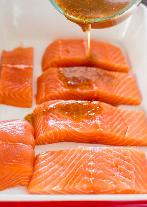 Maple Mustard Glazed Salmon - 4 ingredients turn this salmon into a super star. A healthy and delicious salmon, glazed with maple syrup and grainy mustard. Maple Salmon Recipes, Mustard Glazed Salmon, Maple Mustard Salmon, Maple Syrup Salmon, Salmon Fillet Recipes, Maple Glazed Salmon, Salmon Recipes Baked Healthy, Salmon Glaze Recipes, Salmon Marinade