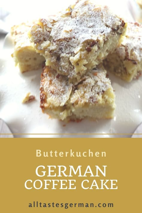 Looking for a fast and easy cake recipe? This German coffee cake recipe is super delicious and a hit every time I make it. I never met a person who did not love that cake. It is wonderful moist and tender.  #germancake #germancoffeecake #germanbuttercake #easycake #fastcake #germanrecipes #germanfood German Cream Cake, German Coffee Cake Recipe, German Almond Cake, German Baked Goods, German Muffins, Breakfast Cakes Easy, German Desserts Easy, German Desserts Authentic, German Breakfast Recipes