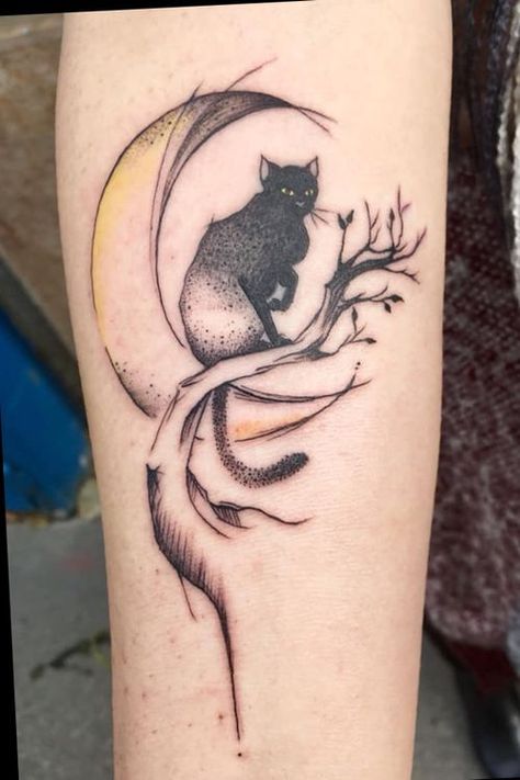 Mystic Cat Tattoo, Moon And Cat Tattoo, Witchy Sleeve, Owl And Cat, Reading Tattoo, Mystical Cat, Tattoo Moon, Moon Tattoos, Fairy Tattoo Designs