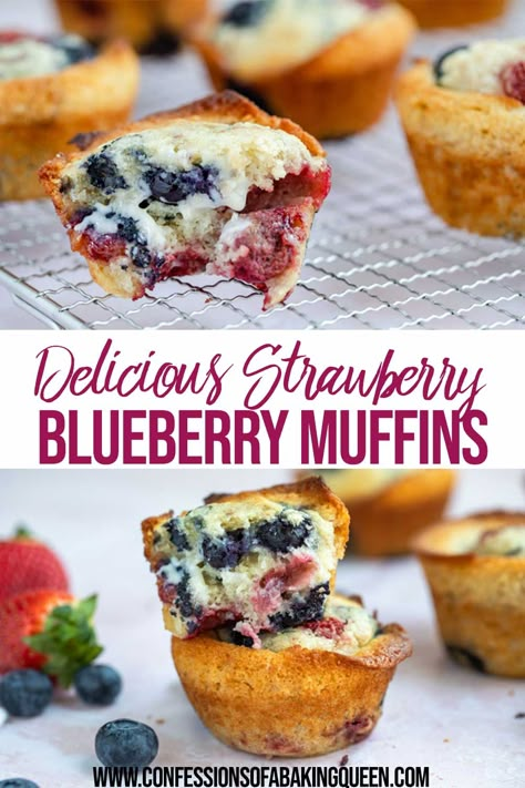 Tender and moist strawberry blueberry muffins are the perfect breakfast treat. Adding strawberries to a classic blueberry muffin makes your Sunday morning a little sweeter! Made quickly with simple ingredients! #blueberrymuffins #berrymuffins #strawberrymuffins Recipes With Blueberries And Strawberries, Blueberry Strawberry Recipes, Blueberry And Strawberry Muffins, Blueberries And Strawberries Recipes, Strawberries And Blueberries Dessert, Blueberry And Strawberry Recipes, Blueberry And Strawberry Dessert, Strawberry And Blueberry Recipes, Strawberry And Blueberry Desserts