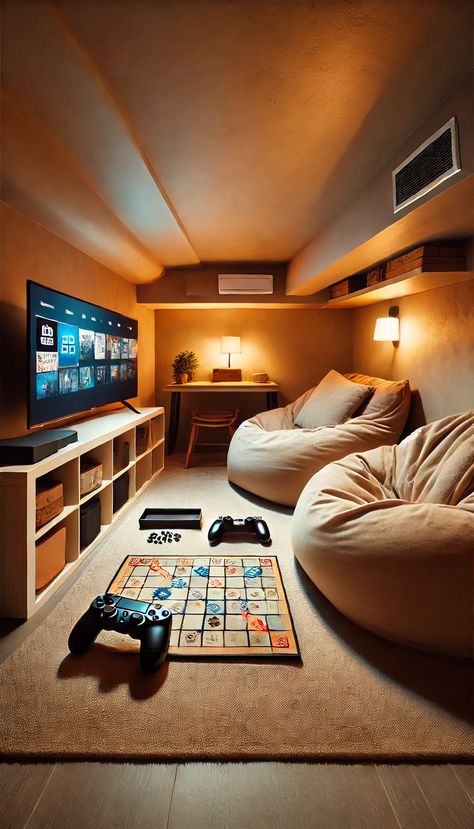 15 Brilliant Small Basement Ideas - GoTinySpace Family Game Room Ideas Small Spaces, Game Room Small Space, Home Rec Room, Man Cave Ideas Room Small Gaming, Lounge Basement Ideas, Small Basement Storage Ideas, Small Cozy Basement Ideas, Tiny Game Room, Small Chill Room