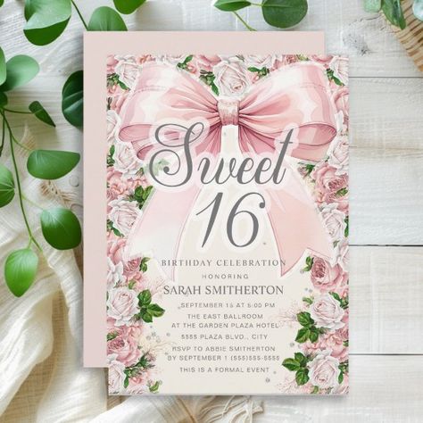 Pink Bow Coquette Floral Vintage Sweet 16 Invitation Garden Sweet 16, Vintage Sweet 16, Floral Party Ideas, Pretty Birthday Party, Happy Birthday Sweetie, Cute Birthday Invitations, Blowing Out Candles, Coquette Birthday, Sixteen Birthday Party Ideas