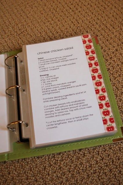 Family Favorites Recipe Book - 5.5x8.5 size binder, each food category gets a different strip of paper down the side so you can easily flip through it and find what you need.  We have a special recipe card box for our very most favorite foods but this might be good for our second tier favorite foods and/or daycare recipes. Diy Recipe Book, Diy Recipe, Recipe Book, A Book, Make It, Chicken