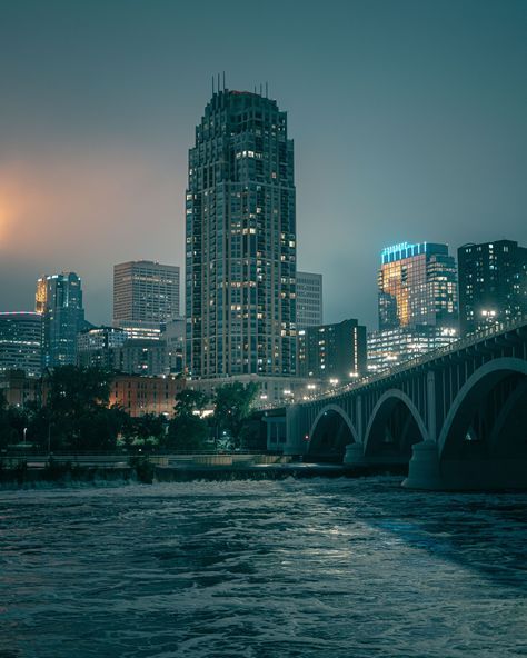 The Minneapolis skyline and Mississippi River at night in Minneapolis, Minnesota Minneapolis Aesthetic, River At Night, Minneapolis Photography, Minneapolis Skyline, Minneapolis City, Skyline At Night, Hotel Motel, Posters Framed, Side Jobs