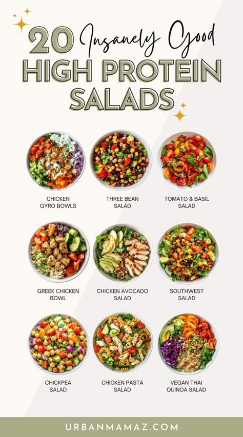 Looking for insanely good high protein salads? Check out these 20 easy high protein salads for meal prep. Different Salad Recipes Healthy, Healthy Salad High Protein, Recipes For Dinner Protein, Healthy School Meal Prep, Salad And Protein Recipes, Protein Salad Recipes Clean Eating, Easy High Protein Veggie Meals, Easy Meal Prep Lunches High Protein, Meal Prep Ideas For School