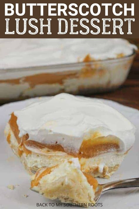 Butterscotch lush dessert recipe is easy to make and features cream cheese, butterscotch pudding, and plenty of whipped topping. Butterscotch Lush, Butterscotch Desserts, Lush Desserts, Butterscotch Recipes, Lush Dessert, Dessert Halloween, Easy Dessert Recipes Quick, Pudding Shots, Butterscotch Pudding