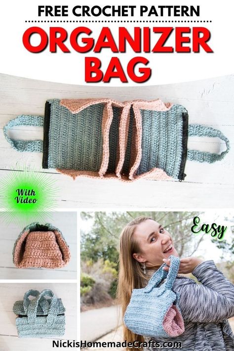 This free crochet pattern is for a fun crochet Organizer Bag with zipper and standing pockets for ideal storage of crochet hooks, notions, your phone and wallet. Video Tutorial included for Crochet Beginners. Wallet Video, Crochet Storage Bag, Crochet Hook Organizer, Crochet Travel, Crochet Beginners, Crochet Organizer, Crochet Wallet, Bag With Pockets, Crochet Storage