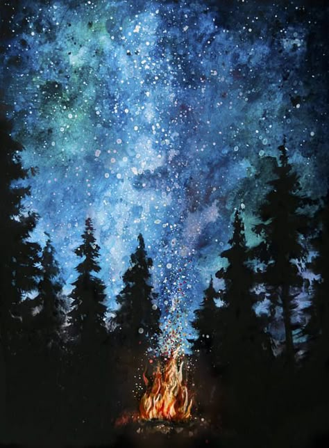 Beginner Paint Night Ideas, Night Sky Silhouette Painting, Paintings Of Stars, Sky Night Painting, Night Sky Decor, Campfire Painting Acrylic, Camping Painting Ideas, Night Sky Art Painting, Painting Night Ideas