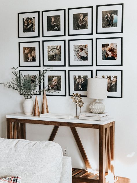 Picture Wall With Console Table, Console Table With Picture Wall, Console Table Picture Wall, Picture Grid Wall, Console Table With Gallery Wall, Gallery Wall Console Table, Cozy Entryway, Entryway Gallery Wall, Simple Gallery Wall