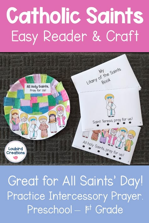 Celebrate All Saints Day and practice intercessory prayer with your youngest students! Catholic kids will enjoy making a stained glass window craft to celebrate the saints. Introduces the Litany of the Saints through a printable easy reader activity. Includes Saints Joseph, Maria Goretti, Nicholas, Francis, Teresa of Calcutta, and Kateri. Perfect for preschool, prek, kindergarten, kinder, and 1st grade. (Year 1) Catholic school, CCD, Sunday school, Faith Formation. #Catholicsaintsforkids All Saints Day Crafts For Preschool, Kindergarten Ccd Lessons, All Saints Day Preschool, Catholic Sunday School Activities, Faith Formation Activities, All Saints Day Crafts, Catholic Preschool Activities, Kindergarten Faith Formation, All Saints Day Activities For Kids