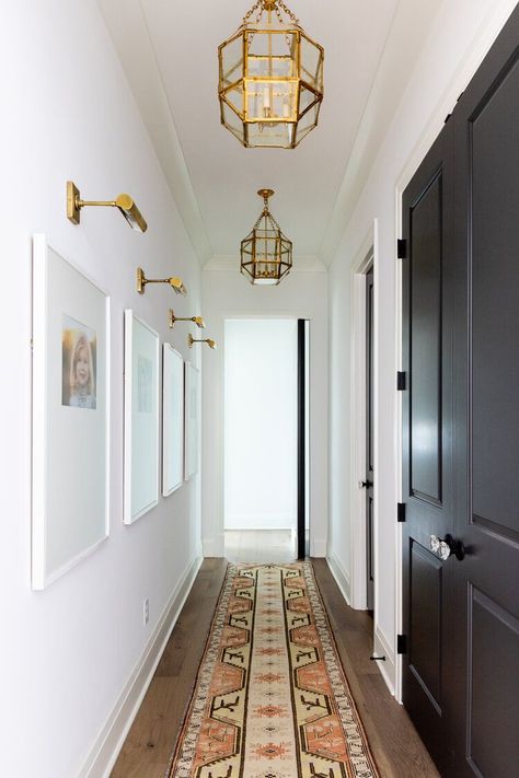 Narrow Entry Hallway, Long Hallway Ideas, White Hallway, Hallway Makeover, Hallway Inspiration, Narrow Hallway Decorating, Upstairs Hallway, Hallway Wall Decor, Hallway Designs