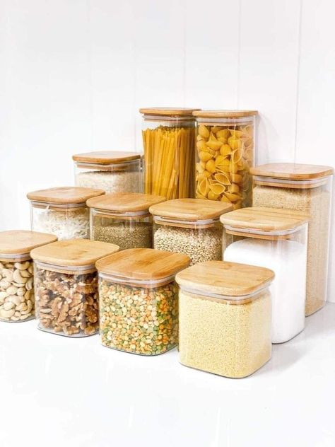 Bamboo containers/ glass containers Bamboo Containers, Bamboo Food, Square Glass Jars, Glass Pantry, Pantry Containers, Bamboo Storage, Kitchen Canister Set, Spice Labels, Homemade Holiday