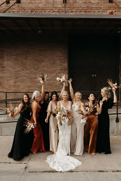 Cognac Wedding Colors, Bronze And Gold Wedding, Cinnamon And Black Wedding, Boho December Wedding, Maroon And Copper Wedding, Dark Wedding Bridesmaid Dresses, Rust And Black Wedding Theme, Dark Mismatched Bridesmaid Dresses, Rust Black Wedding