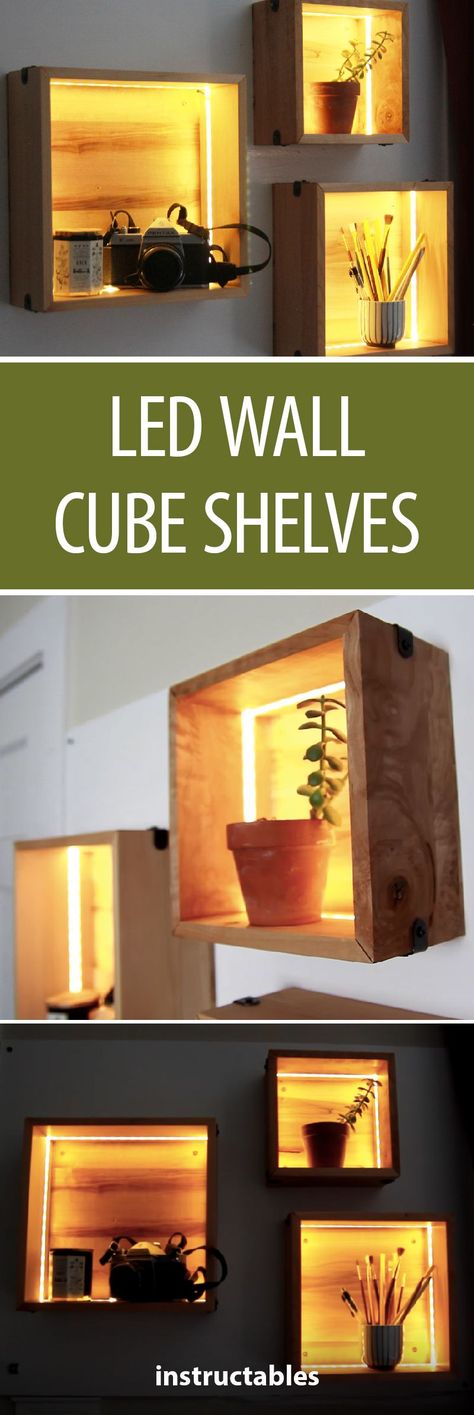 These LED wall cube shelves would be great to display any objects you might want to highlight, or as a simple lighting fixture. #LED #lighting #storage #organization Diy Led Furniture, Diy Backlit Wall Art, Bedroom Lighting Led, Wall Light Diy, Led Shelves, Led Shelf Lighting, Diy Led Lighting Ideas, Wall Cubes, Diy Lamps