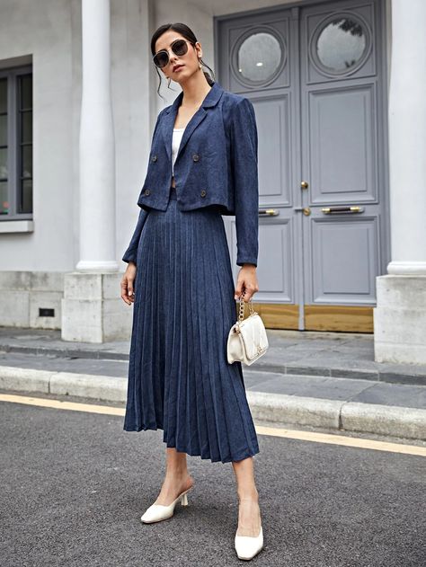 Corduroy Double Breasted Crop Blazer & Pleated Long Skirt | SHEIN USA Blazer Over Dress, Dress With Blazer Outfit, Long Blazer Outfit, Blazer And Skirt Outfits, Crop Blazer Outfit, Blazer Dress Outfits, Long Skirt Suits, Flare Maxi Skirt, Korea Dress