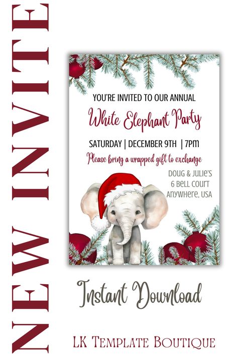 White Elephant Invitation, White Elephant Christmas Party, Elephant Invitations, White Elephant Christmas, Elephant Christmas, White Elephant Party, Elephant Party, Holiday Party Invitation, Christmas Party Invitation