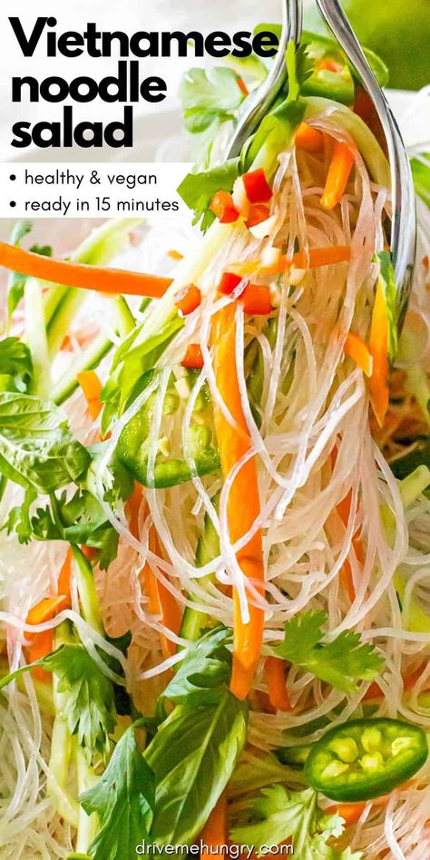 This Vietnamese noodle salad is made with vermicelli rice noodles, fresh herbs and vegetables! It’s tossed with a delicious tangy and savory Vietnamese dressing and can be served cold! #noodlesalad #vietnamesenoodlesalad #asiannoodlesalad #asianrecipes #drivemehungry | drivemehungry.com Vietnamese Dressing, Vermicelli Rice Noodles, Spicy Asian Noodles, Vietnamese Noodle Salad, Vermicelli Rice, Noodle Salad Cold, Asian Noodle Salad, Vietnamese Noodles, Asian Noodle Recipes