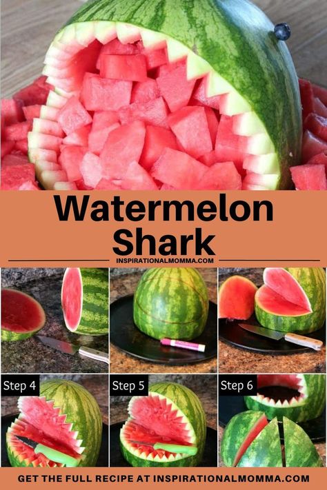 Collage of watermelon shark at top and grid collage of in-process watermelon shark carving photos at bottom. Watermelon Shark Carving, Watermelon Animals, Watermelon Carving Easy, Shark Carving, Shark Week Recipes, Carved Watermelon, Watermelon Shark, Natural Desserts, Perfect Watermelon