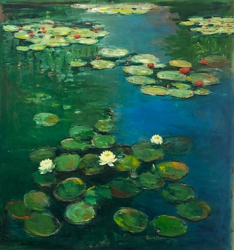 Water Lilies Painting, Green Artwork, Sky Artwork, Lake Painting, Green Paintings, Green Lake, Impressionism Art, Realism Art, Green Art