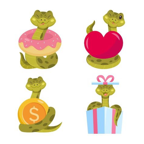 Vector set of cute handdrawn snakes wear... | Premium Vector #Freepik #vector #money-gift #cartoon-stickers #cartoon-set #cute-snake Cute Cartoon Snake, Cute Snake Drawing, Heart Dollar, Snake Cute, Snake Cartoon, Snake Party, Snake Drawing, Holding Heart, Gift Cartoon