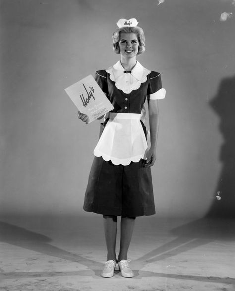 A waitress from Hody's Restaurant models her 1962 uniform for the camera, crisp white tennies and all Waitress Uniform Vintage, Waiter Outfit, Waitress Outfit, Waitress Uniform, Blithe Spirit, Restaurant Uniforms, Maid Uniform, Jersey Boys, Maid Outfit