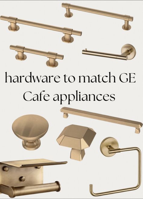 Ge Cafe Appliances Stainless Steel White Cabinets, Brass Hardware Stainless Appliances, Ge Cafe Matte White Brushed Bronze, Kitchen Champagne Bronze Hardware, Cabinet Hardware To Match Cafe Appliances, Champagne Hardware Kitchen, Mix Metals Kitchen, Champagne Brass Kitchen Hardware, Satin Brass Kitchen Hardware