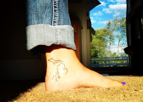 West Michigan roots Michigan Roots Tattoo, Michigan Tattoo Men, Lake Michigan Tattoo Ideas, Upper Michigan Tattoo, State Of Michigan Tattoo, Small Quote Tattoos, Elephant Tattoos, Family Tattoos, Ankle Tattoo