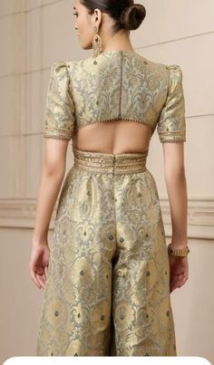 Banarasi Silk Jumpsuit, Banarasi Cord Set, Banarsi Indo Western Dress, Banarasi Dress Pattern, Western Sangeet Outfits, Wedding Jumpsuits For Women, Banarasi Indo Western Outfits, Dress From Banarasi Saree, Brocade Jumpsuit Indian