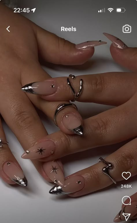 Nails Rings Aesthetic, Birthday Gel Nails Ideas Sparkle, Witchy Vibes Nails, Concert Nail Designs, Nails 2024 French, Eras Tour Nails Ttpd, Nails Acrylic With Gems, Sabrina Carpenter Nails Inspired, Steletoes Nails Design