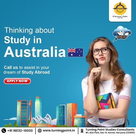 🌏 Dreaming of studying in Australia? 🇦🇺 Turn your dream into reality with Turning Point Studies Consultants! 📚✨ Please call us to help you in your journey to study abroad. Let's make it happen together! 📞 +91 98132-16000 🌐 www.turningpoint.in 🏢 #1, Atal Park, Sec-8, Karnal, Haryana (132001) 🔴 APPLY NOW! #StudyInAustralia #StudyAbroad #TurningPointConsultants #Education #DreamBig Nursing Scholarships, Study In Australia, International Scholarships, Australian National University, Study In New Zealand, University Of Melbourne, University Of Sydney, Student Visa, Turning Point